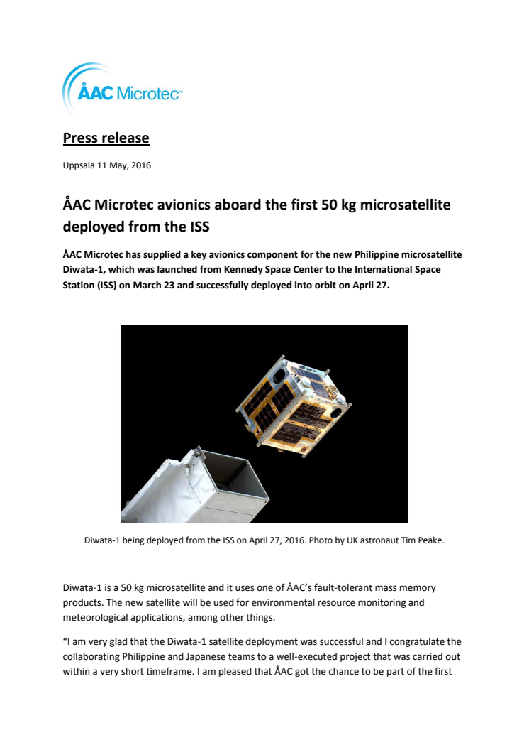 ÅAC Microtec avionics aboard the first 50 kg microsatellite deployed from the ISS