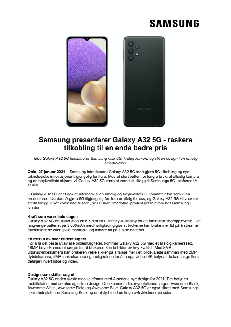 Samsung presenterer Galaxy A32 5G - raskere tilkobling til en enda bedre pris