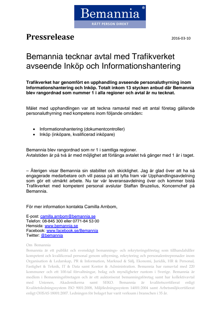 Bemannia tecknar avtal med Trafikverket avseende Inköp och Informationshantering