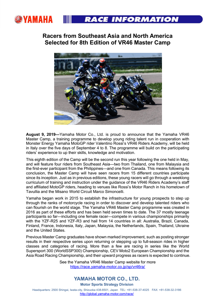 Racers from Southeast Asia and North America Selected for 8th Edition of VR46 Master Camp