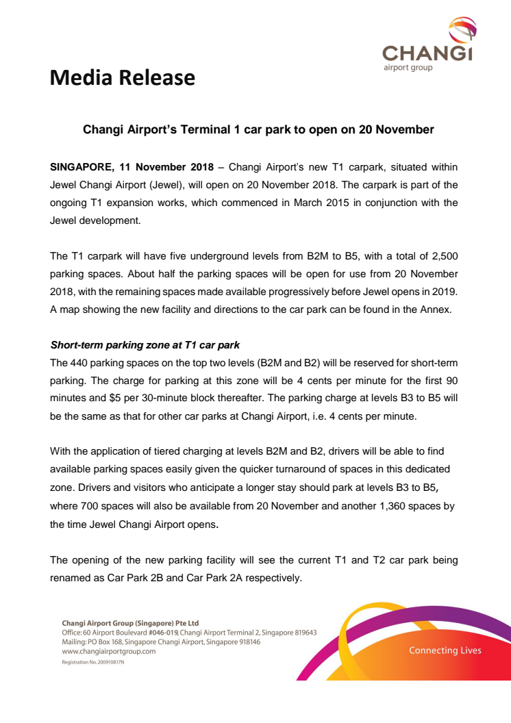Changi Airport’s Terminal 1 car park to open on 20 November