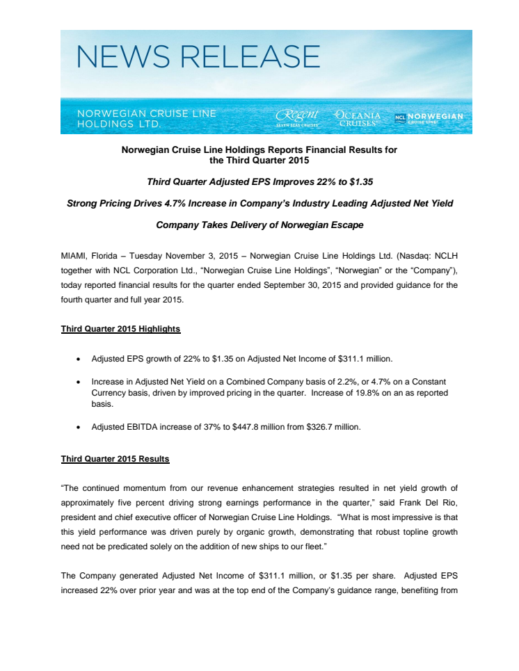 Norwegian Cruise Line Holdings Reports Financial Results for the Third Quarter 2015