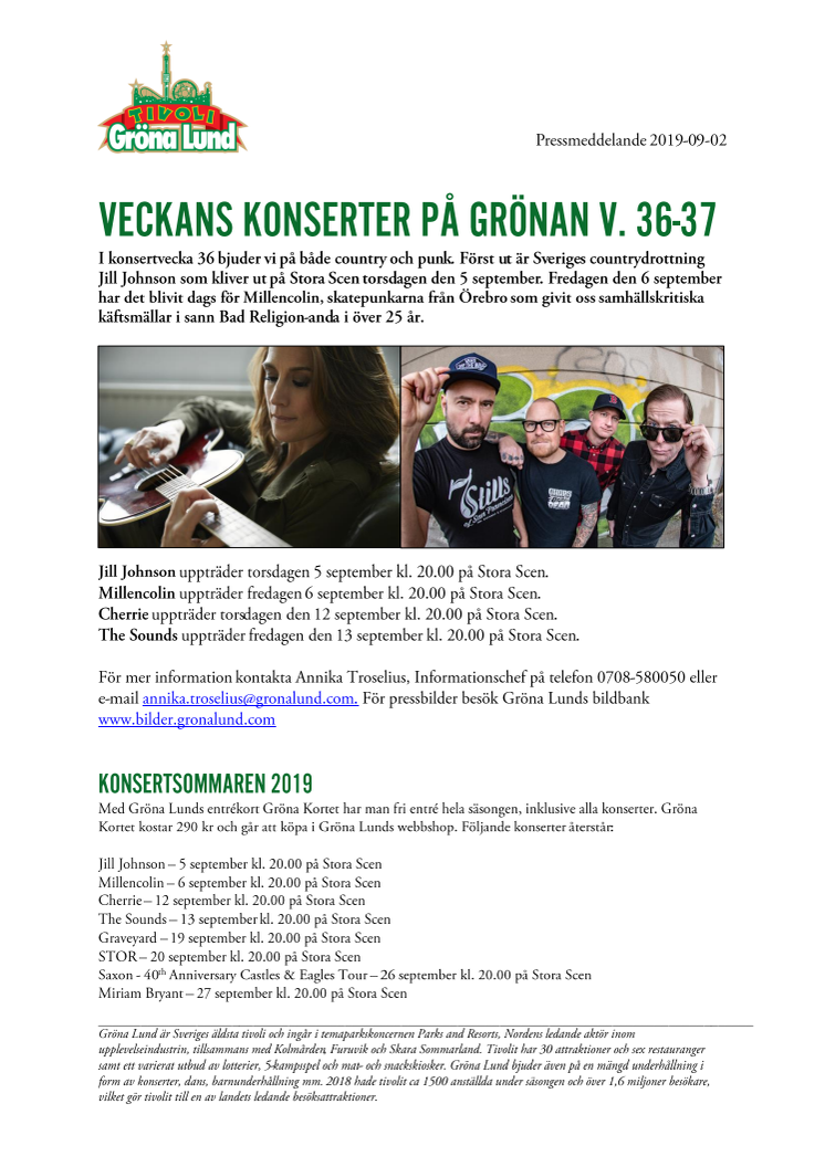Veckans konserter på Grönan V. 36-37