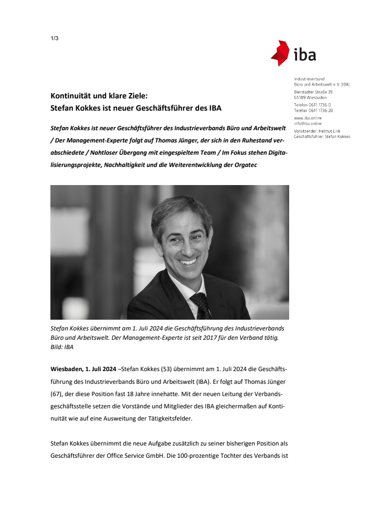 Pressemitteilung: Kontinuität und klare Ziele: Stefan Kokkes ist neuer Geschäftsführer des IBA