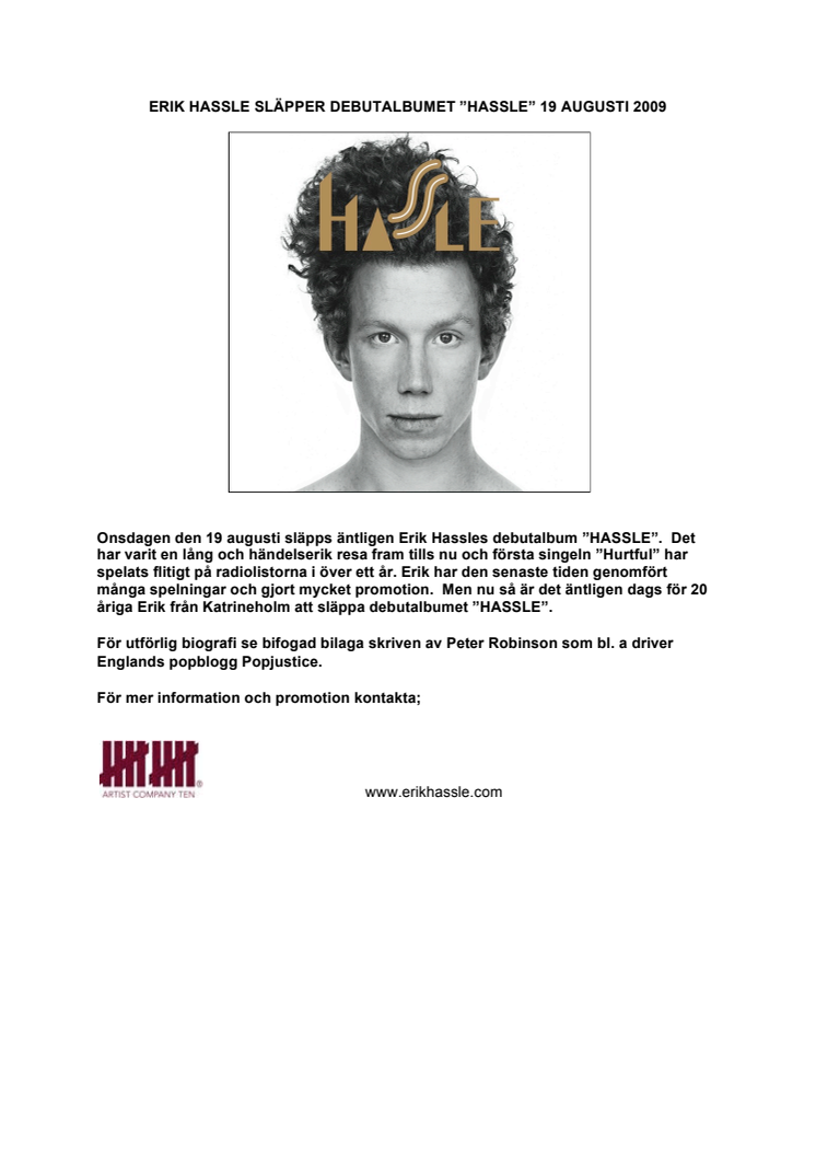 ERIK HASSLE SLÄPPER DEBUTALBUMET ”HASSLE” 19 AUGUSTI 2009