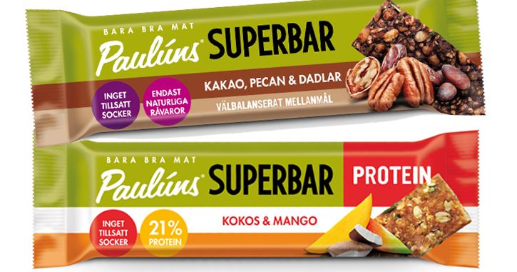 Pauluns superbar i smaken Kakao, Pecan & Dadlar samt Pauluns superbars protein i smaken Kokos&Mango