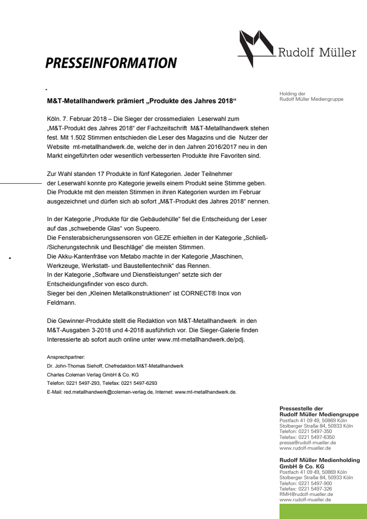 M&T-Metallhandwerk prämiert „Produkte des Jahres 2018“