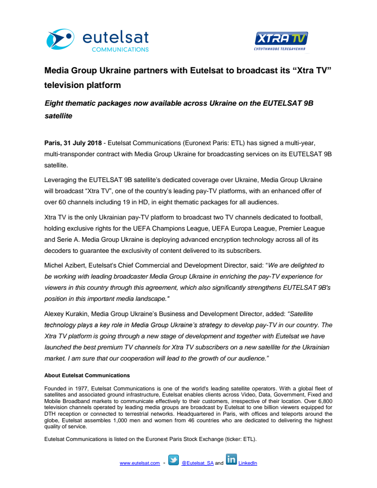 Media Group Ukraine partners with Eutelsat to broadcast its “Xtra TV” television platform