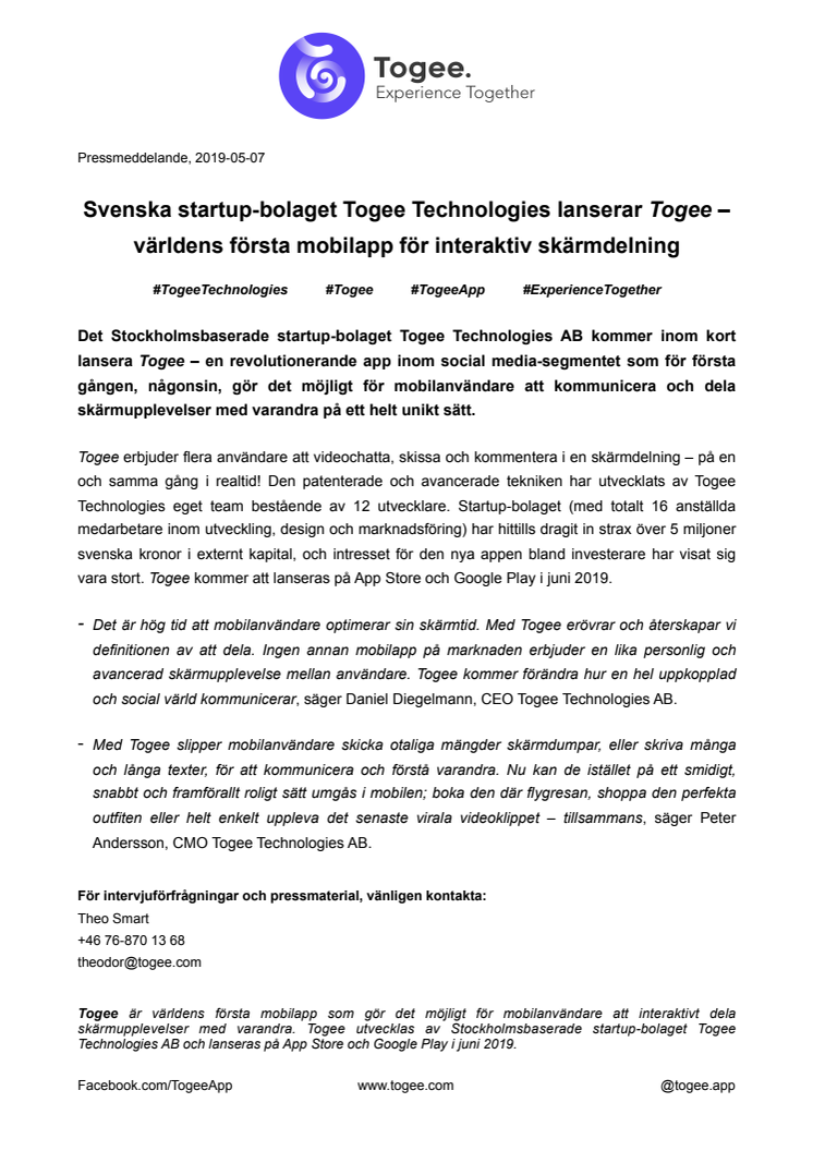 Svenska startup-bolaget Togee Technologies lanserar Togee – världens första mobilapp för interaktiv skärmdelning