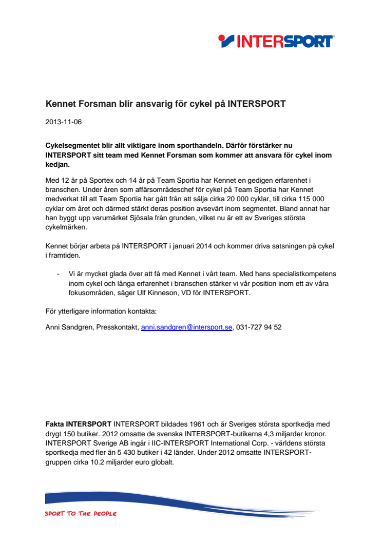 Kennet Forsman blir ansvarig för cykel på INTERSPORT