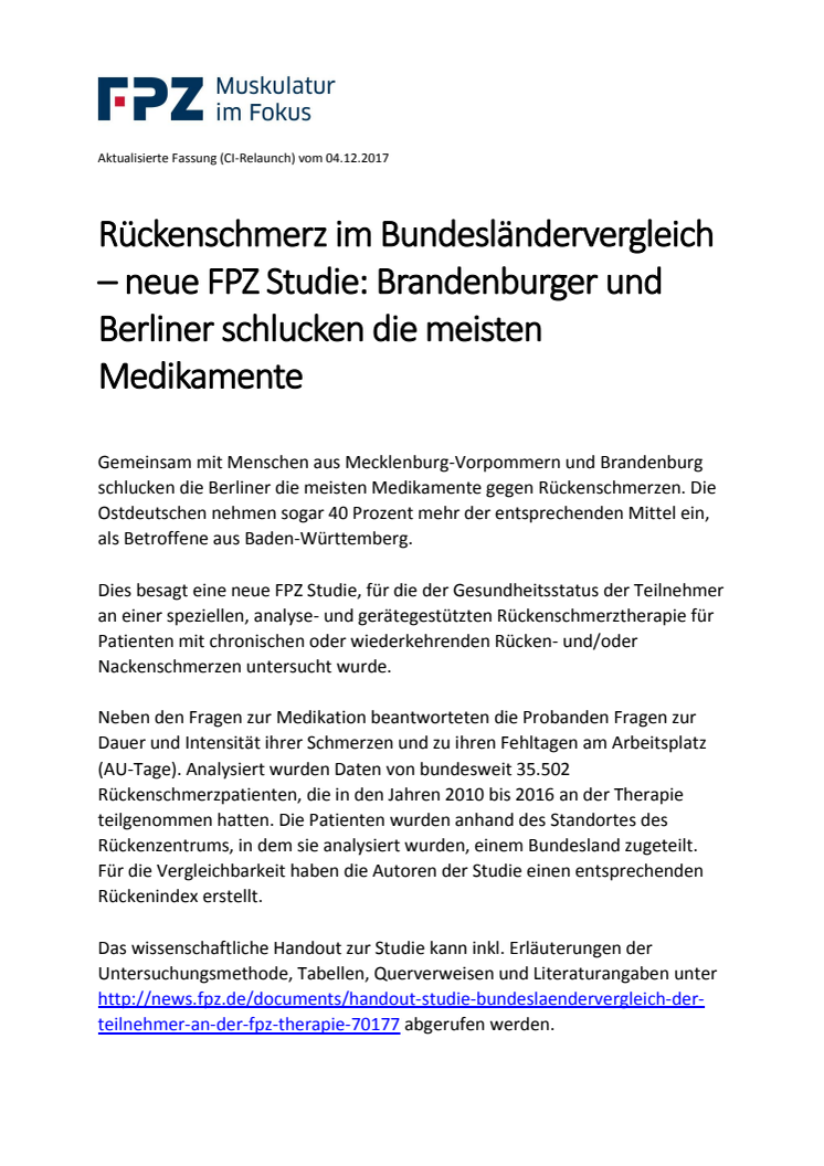 Rückenschmerz im Bundesländervergleich – neue FPZ Studie: Brandenburger und Berliner schlucken die meisten Medikamente
