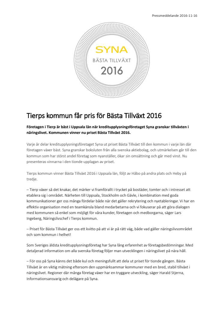 Tierps kommun får pris för Bästa Tillväxt 2016