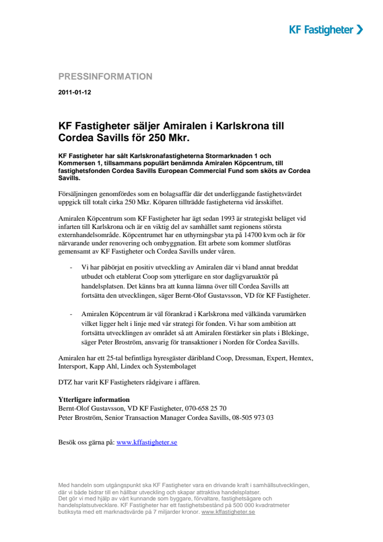 KF Fastigheter säljer Amiralen i Karlskrona till Cordea Savills för 250 Mkr