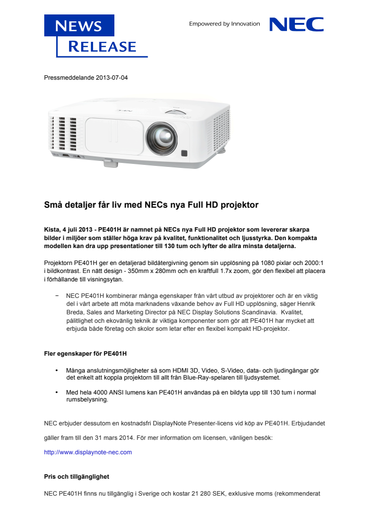 Små detaljer får liv med NECs nya Full HD projektor