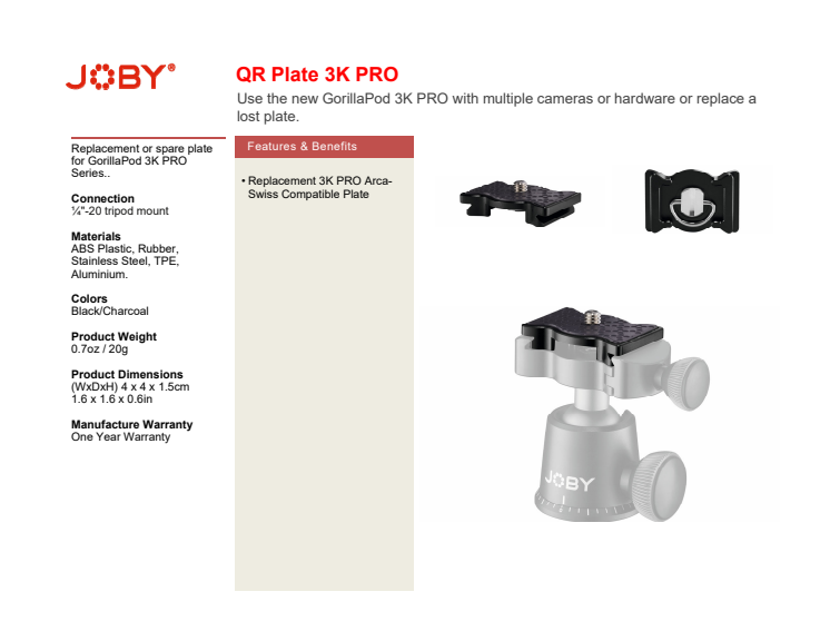 Joby GorillaPod 3K Pro QR plate datasheet