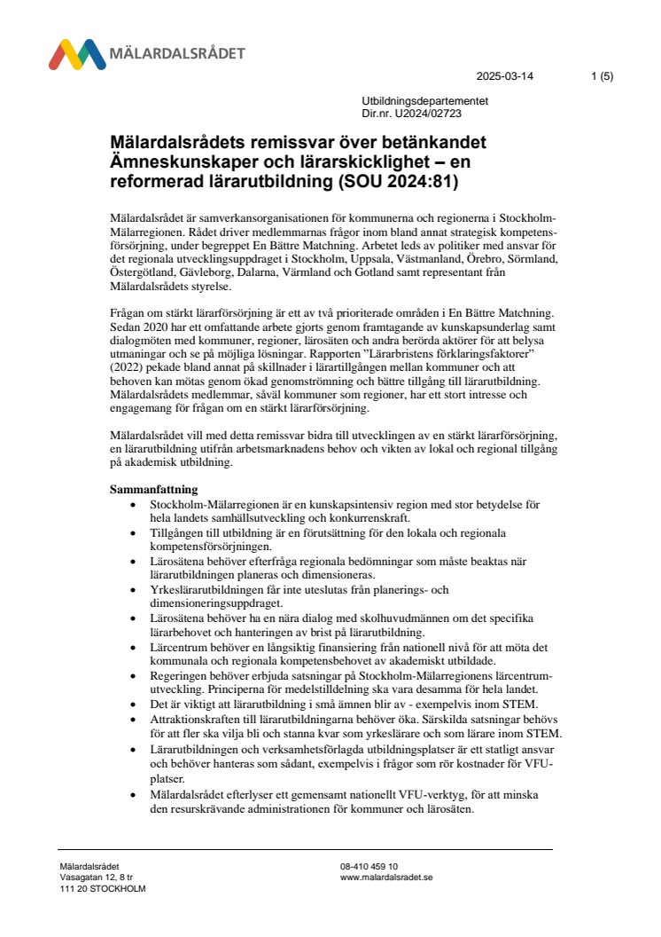 Mälardalsrådets remissvar över betänkandet Ämneskunskaper och lärarskicklighet – en reformerad lärarutbildning.pdf