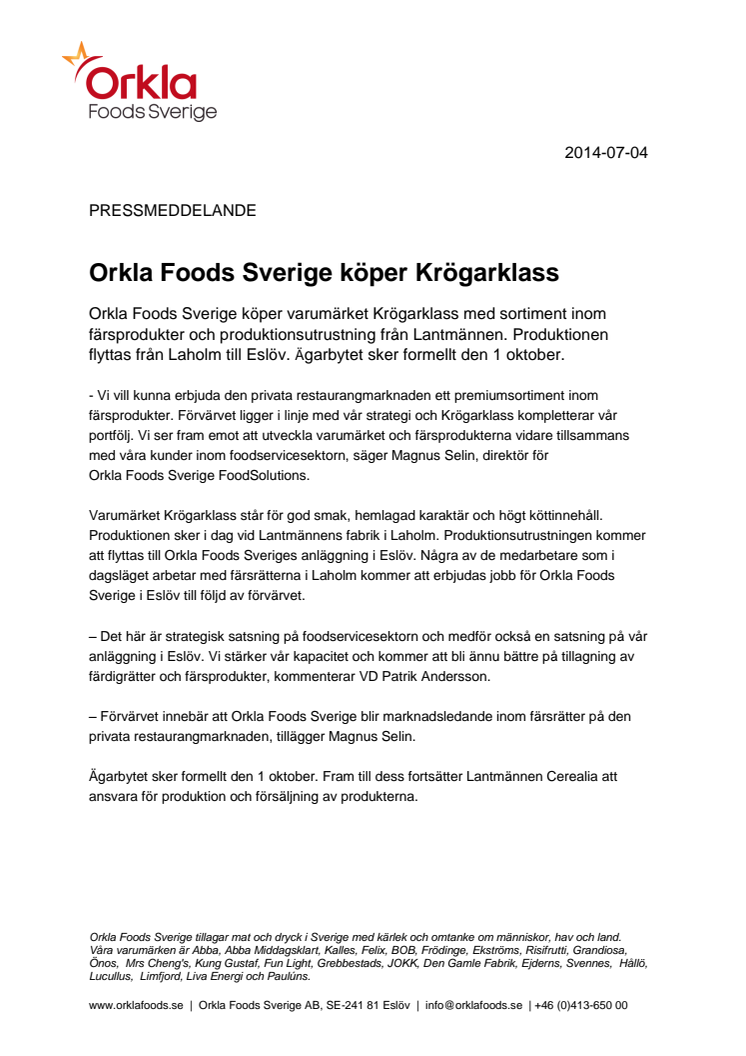 Orkla Foods Sverige köper Krögarklass