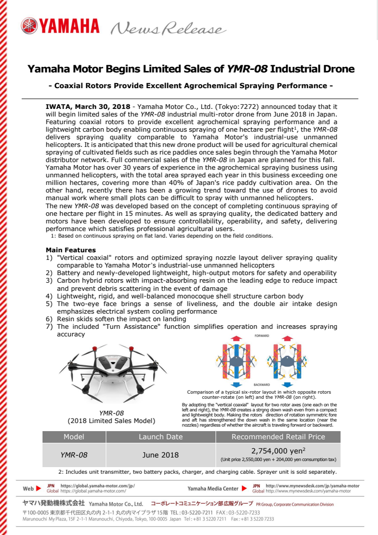 Yamaha Motor Begins Limited Sales of YMR-08 Industrial Drone　— Coaxial Rotors Provide Excellent Agrochemical Spraying Performance —