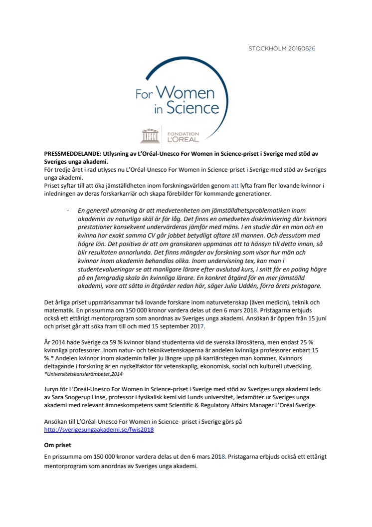 Utlysning av L’Oréal-Unesco For Women in Science-priset i Sverige med stöd av Sveriges unga akademi
