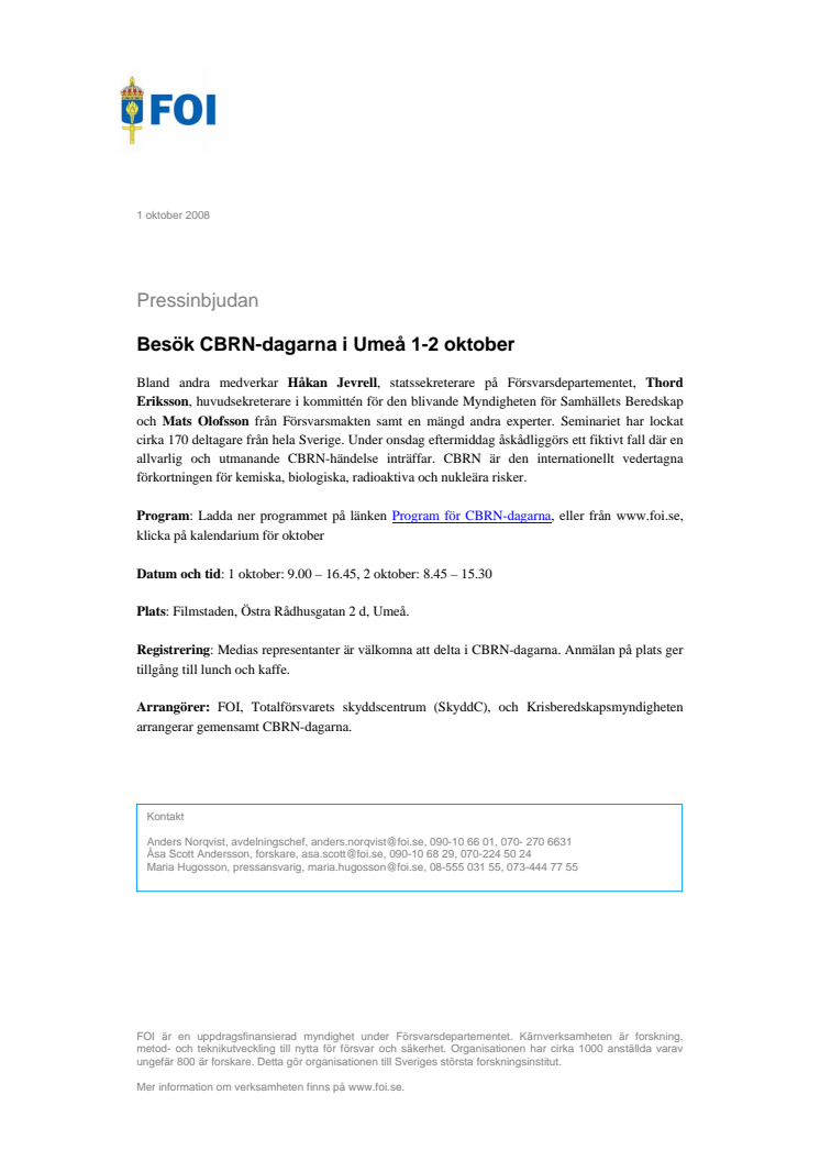 Pressinbjudan: Besök CBRN-dagarna i Umeå 1-2 oktober