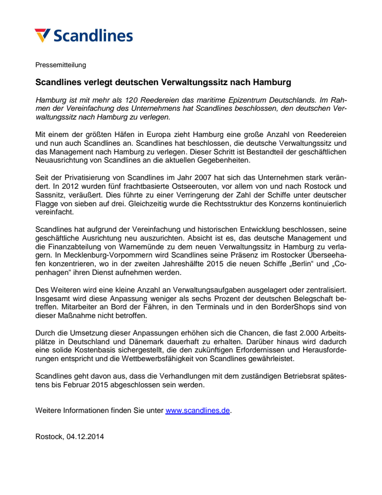 Scandlines verlegt deutschen Verwaltungssitz nach Hamburg