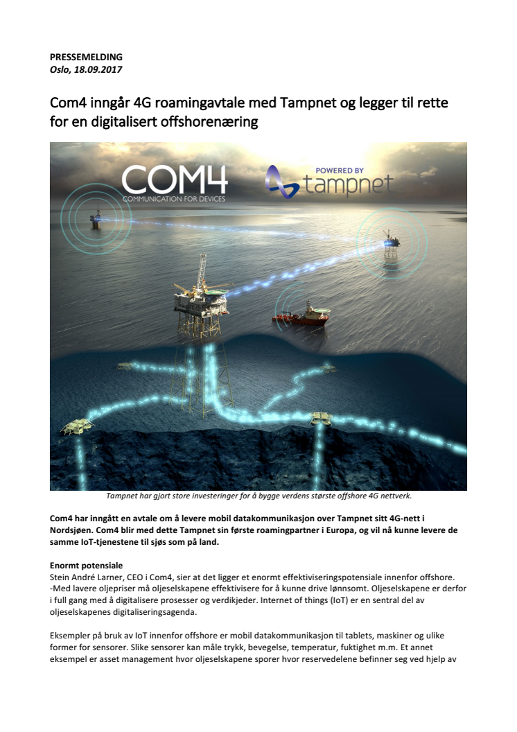 Com4 inngår 4G roamingavtale med Tampnet og legger til rette for en digitalisert offshorenæring 