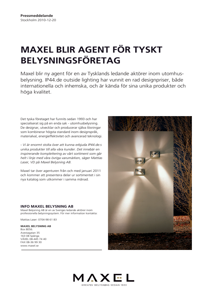 Maxel blir agent för prisbelönt designföretag inom utomhusbelysning