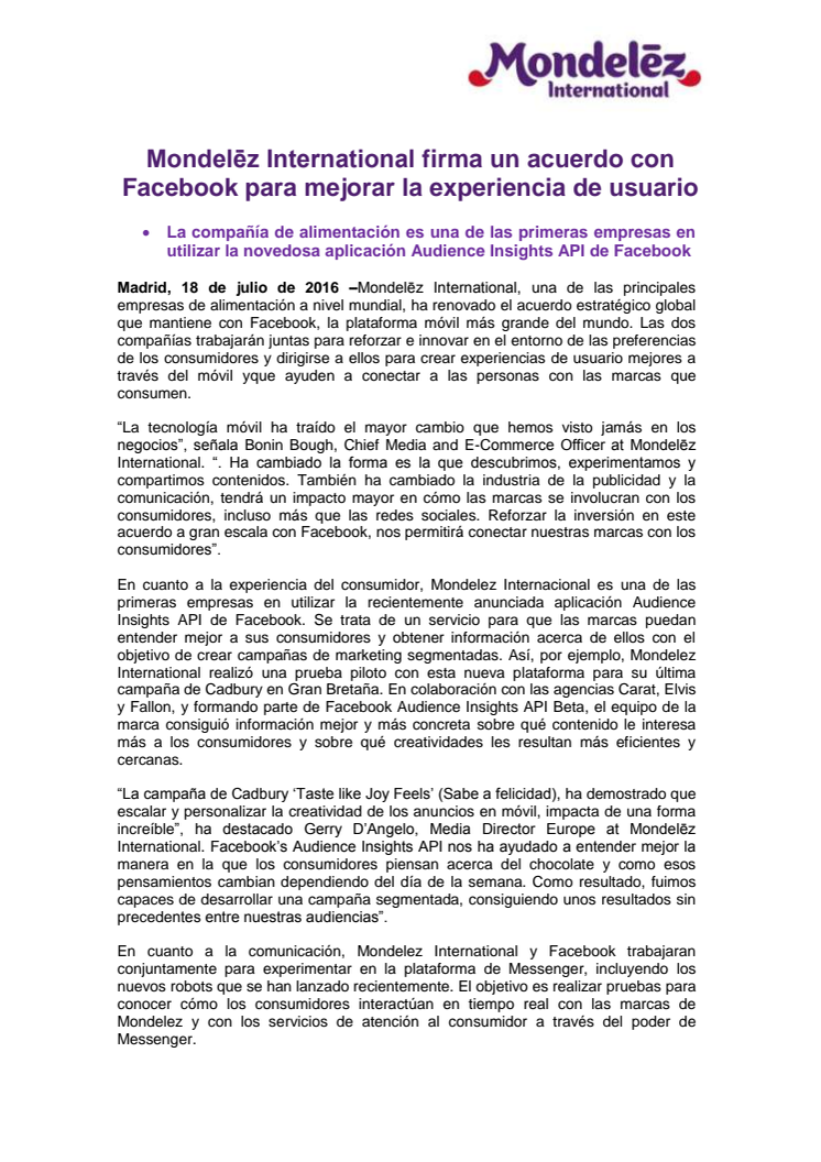 Mondelēz International firma un acuerdo con Facebook para mejorar la experiencia de usuario