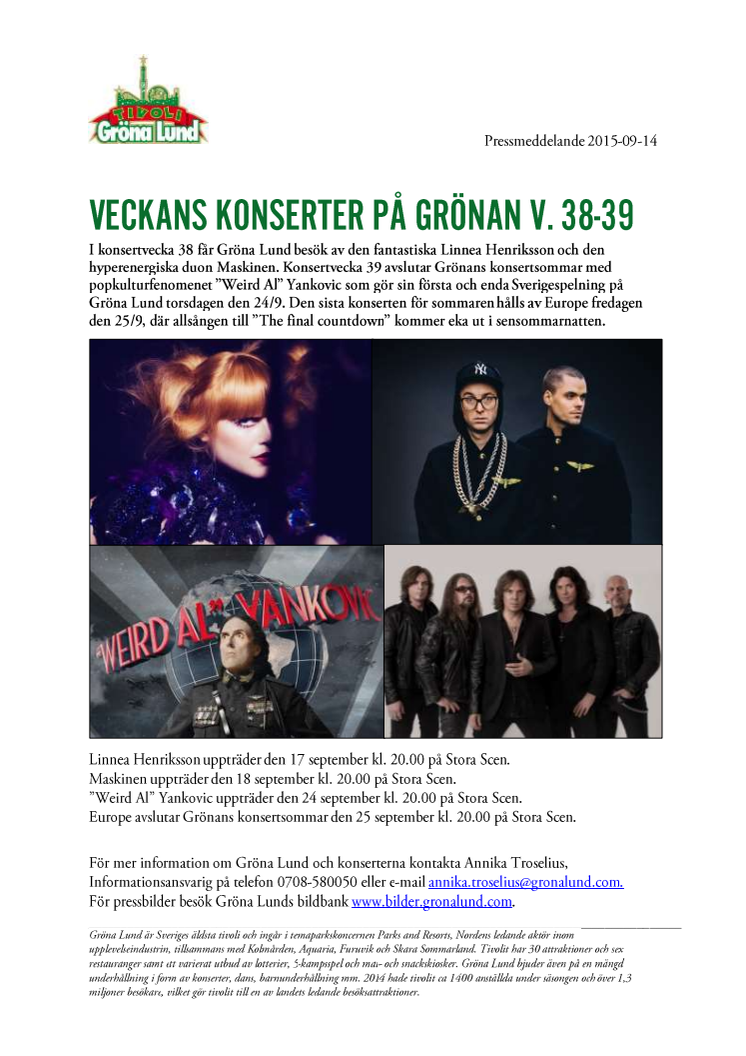 Veckans konserter på Grönan V. 38-39