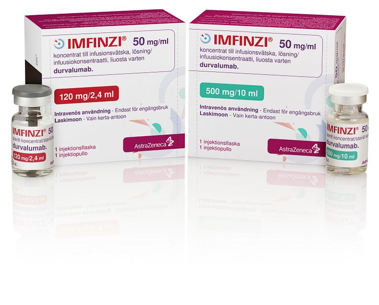 Imfinzi SE-FI-Carton+Vial-120mg+500mg.  Bild får endast användas av medicinsk media.
