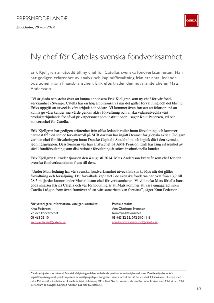 Ny chef för Catellas svenska fondverksamhet