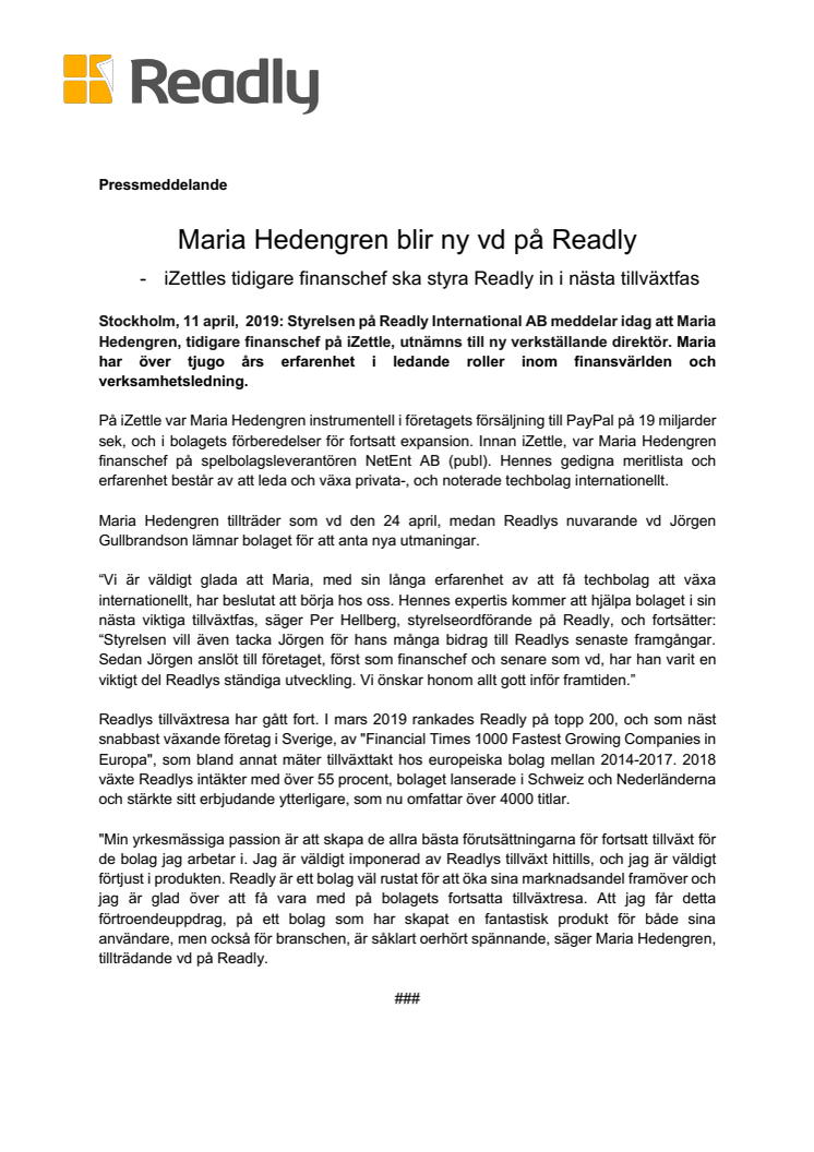 Maria Hedengren blir ny vd på Readly 