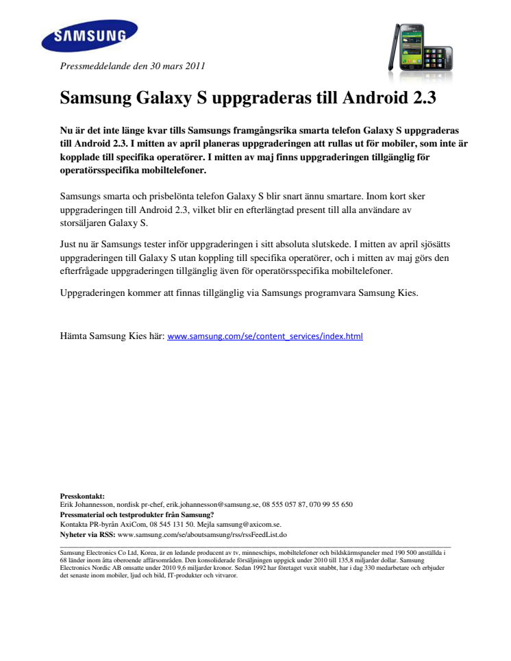 Samsung Galaxy S uppgraderas till Android 2.3