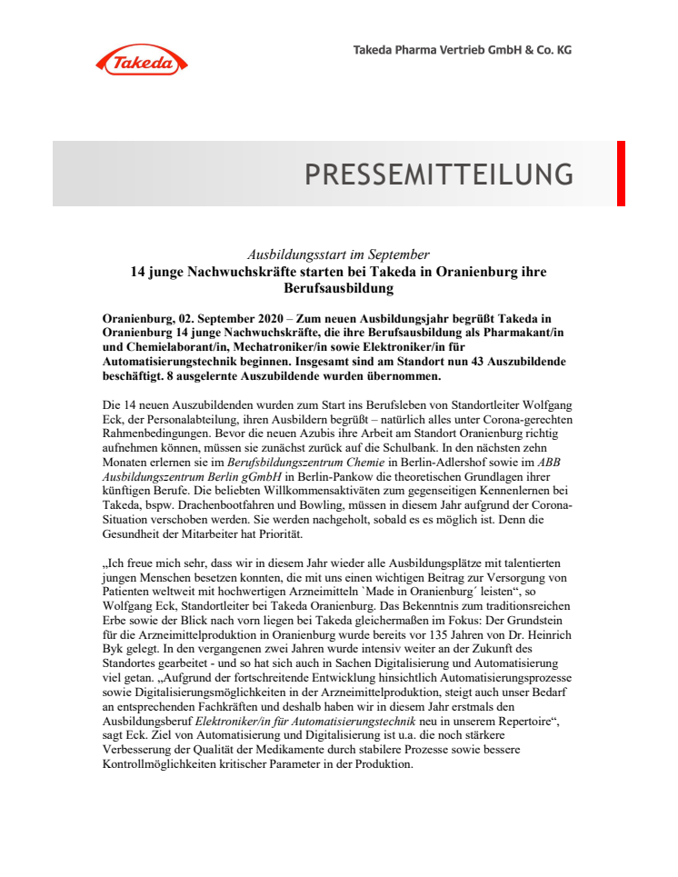 Ausbildungsstart im September: 14 junge Nachwuchskräfte starten bei Takeda in Oranienburg ihre Berufsausbildung