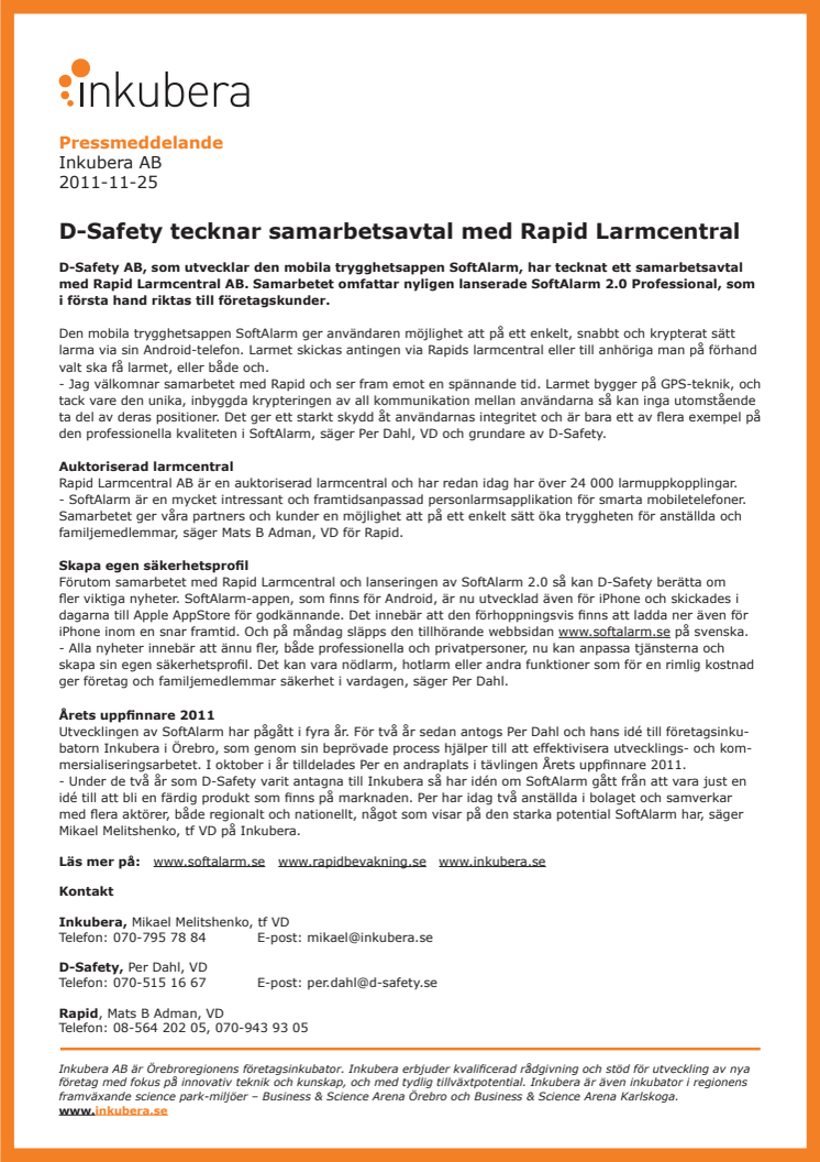 D-Safety tecknar samarbetsavtal med Rapid Larmcentral