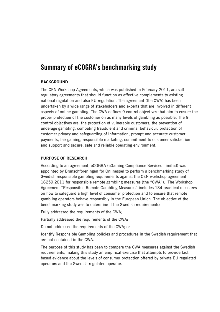 Summary of the study comparting the CEN-standard to Swedish regulation