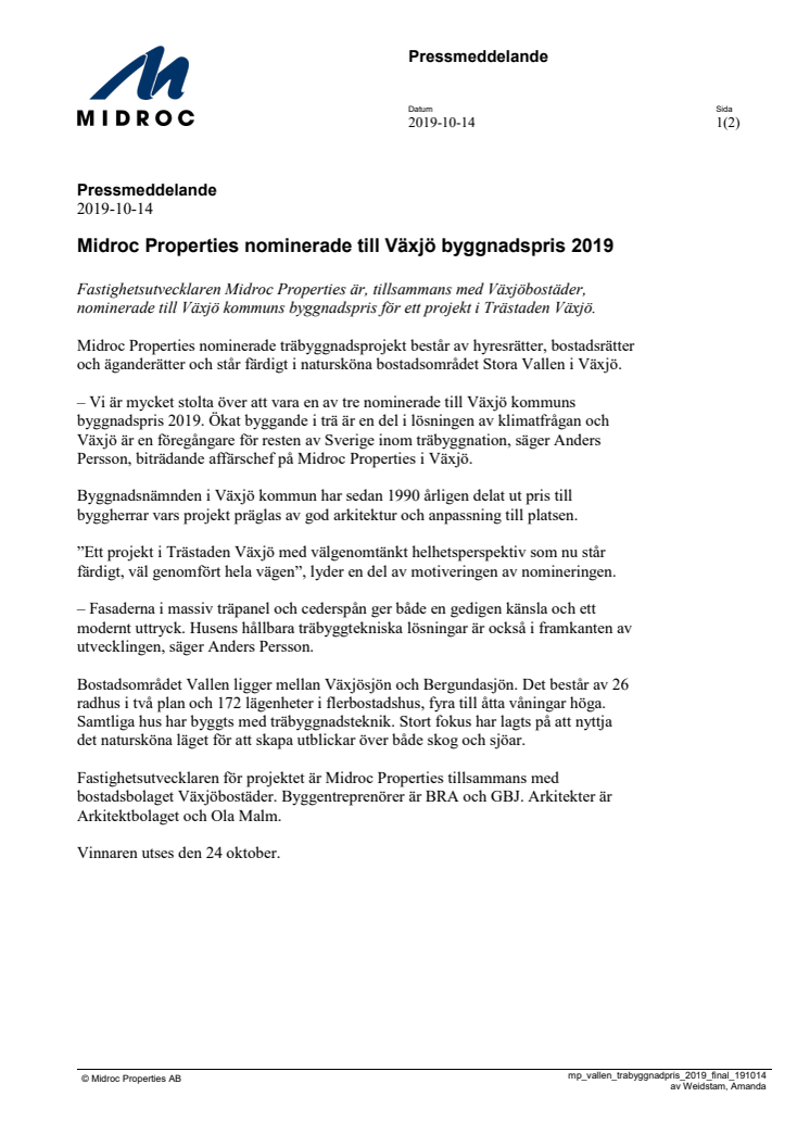 Midroc Properties nominerade till Växjö byggnadspris 2019