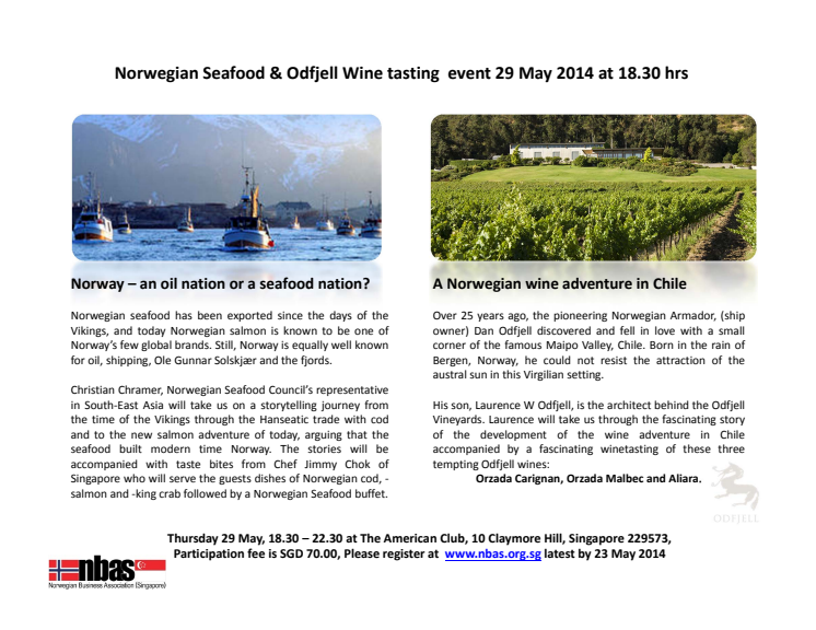 Norwegian fish and Odfjell wine tasting evening event 29 May 2014 18.30 at The American Club