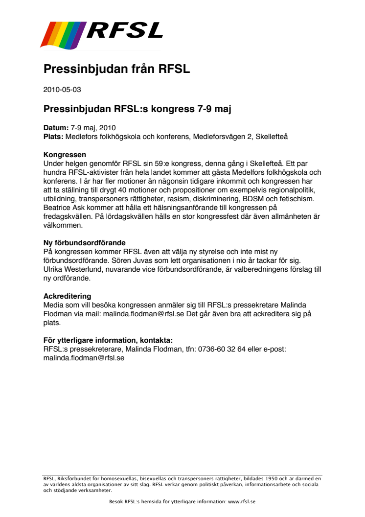 Pressinbjudan RFSL:s kongress 7-9 maj