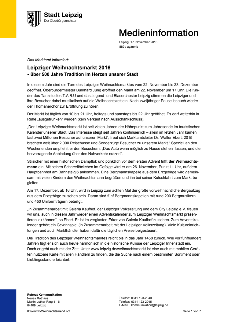 Pressemitteilung vom Marktamt Leipzig: Weihnachtsmarkt 2016