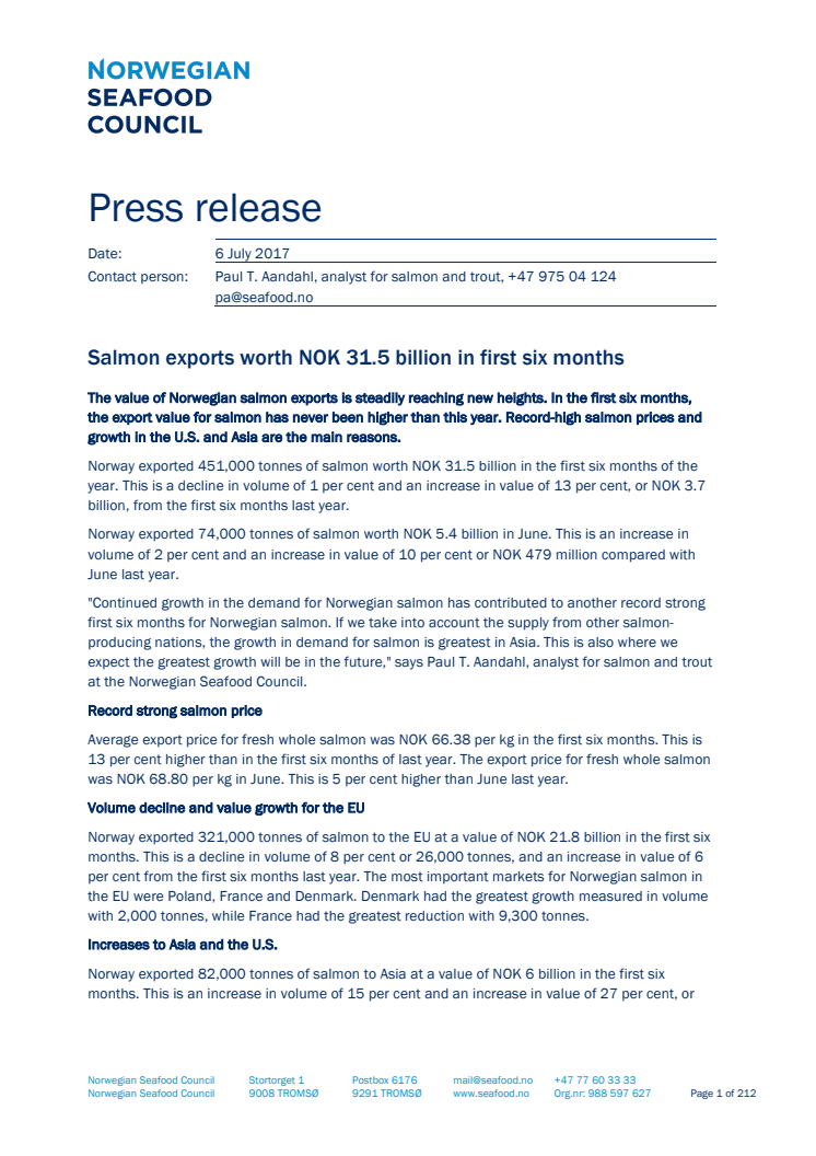 Norwegian salmon exports worth NOK 31.5 billion in first six months of 2017