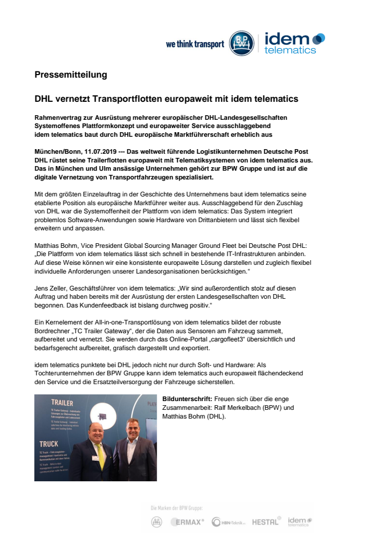 DHL vernetzt Transportflotten europaweit mit idem telematics