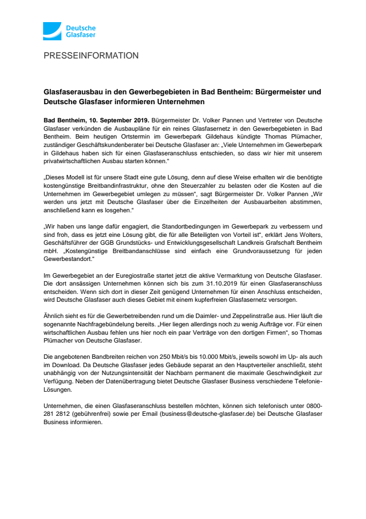 Glasfaserausbau in den Gewerbegebieten in Bad Bentheim: Bürgermeister und Deutsche Glasfaser informieren Unternehmen