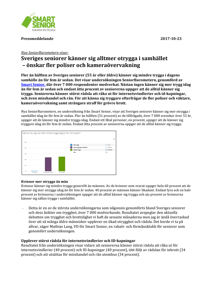 Nya SeniorBarometern visar: Sveriges seniorer känner sig alltmer otrygga i samhället  – önskar fler poliser och kameraövervakning