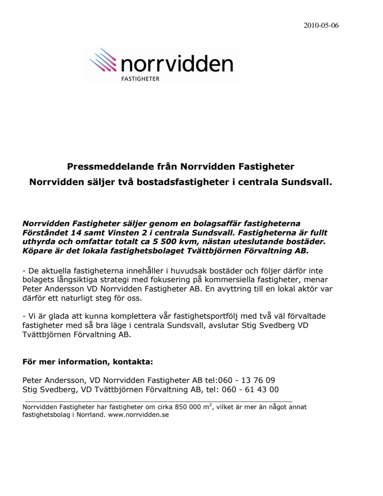 Norrvidden säljer två bostadsfastigheter i centrala Sundsvall