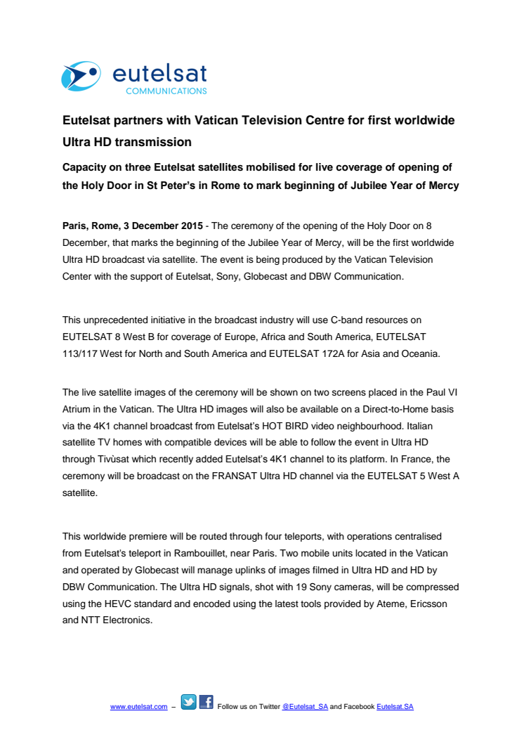 Eutelsat partners with Vatican Television Centre for first worldwide  Ultra HD transmission 
