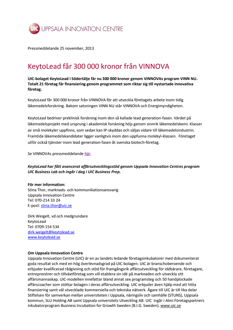 KeytoLead får 300 000 kronor från VINNOVA