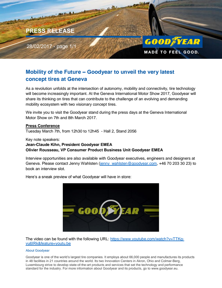 Mobility of the Future – Goodyear to unveil the very latest concept tires at Geneva