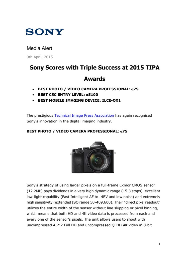 ​Trippelsuksess for Sony på TIPA Awards 2015
