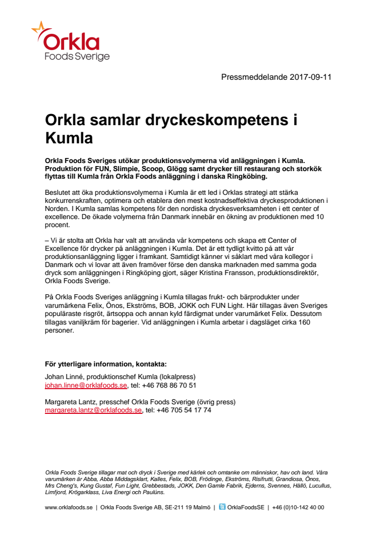 Orkla Foods Sveriges utökar produktionsvolymerna vid anläggningen i Kumla